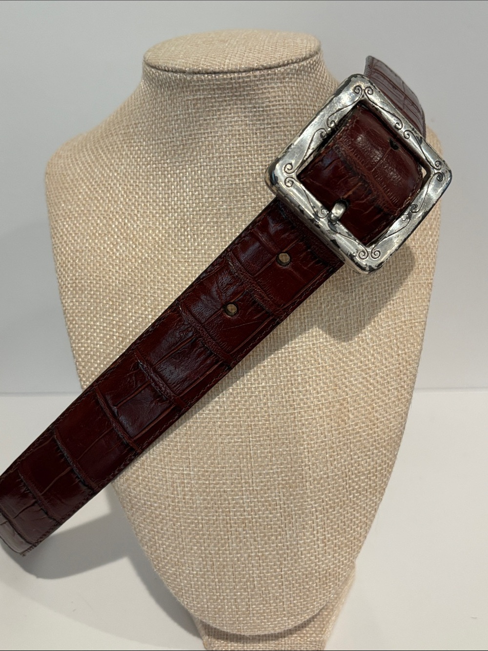 Vintage Brighton Brown Croc Embossed Leather Western Belt Silver Buckle Size M